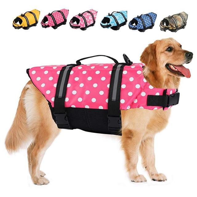 EMUST Dog Life Jackets, Reflective & Adjustable Preserver Vest with Enhanced Buoyancy & Rescue Handle for Swimming (L, PinkDot)