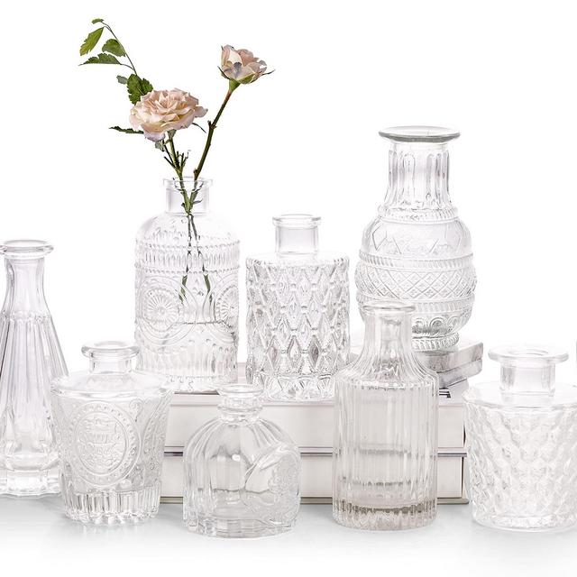 Glass Bud Vase Set of 10 - Small Vases for Flowers, Clear Bud Vases in Bulk, Cute Glass Vases for Centerpieces, Mini Vintage Vase for Rustic Wedding Decorations, Home Table Flower Decor