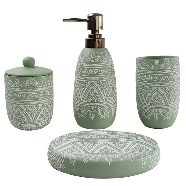 Hymmah Green Bathroom Accessories Set,Farmhouse Bathroom Decor,4 Pcs Resin Gift Set Apartment Necessities, Contain Cotton Swab Jar,Soap Dispenser,Tumbler，Soap Dish/Tray