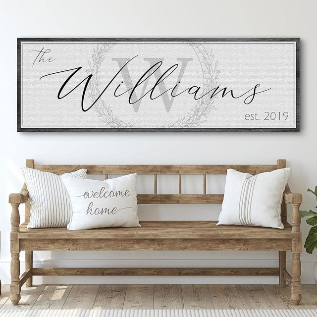 Tailored Canvases Personalized Family Sign - Last Name Signs For Home, Custom Wall Decor Canvas for Living Room, Fireplace, Kitchen, Porch, & Front Door - Monogram on White, Grey Wooden Border, 60"x30"