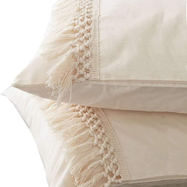 Flber White Pillowcases Tassel Sham Cotton Pillow Covers,Set of 2 (19.7in x35.5in)