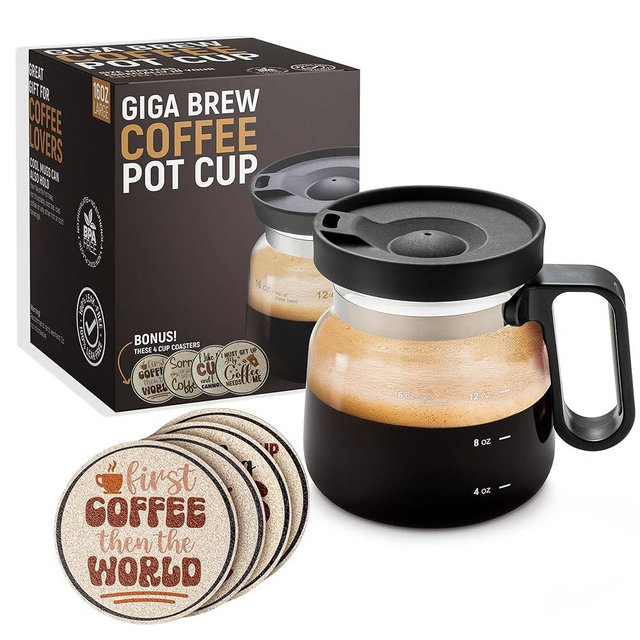 Giga Brew Coffee Pot Mug – The Unique, Funny, Novelty Coffee Mug Perfect Surprise Gift for Coffee Lovers with 4 Hilarious Cork Cup Coasters