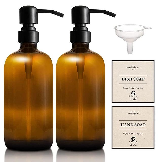 Duvein 2 Pack Thick 16 Oz Amber Glass Soap Dispenser with Rustproof Black Stainless Steel Pumps and Label,Plastic Funnel,Boston Round Bottles Jar for Essential Oil, Liquid Soap