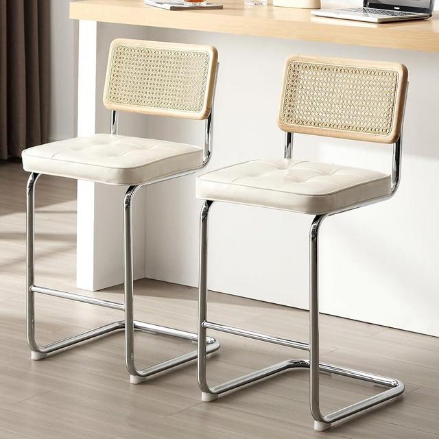 Zesthouse 24'' Rattan Counter Stools Set of 2, Modern Counter Height Bar Stools with Natural Cane Back, Upholstered Faux Leather Barstools for Kitchen Island,Chrome Legs+ Black Cushion