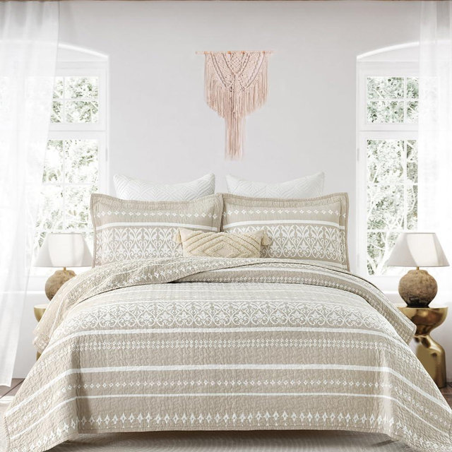 Qiqiong Queen Size Quilt, 100% Cotton Boho Quilt Bedding Set Bohemian Quilted Bedspread Queen Size Beige White Striped Reversible Lightweight Comforter Set Bed Coverlet for All Season 3 Pieces