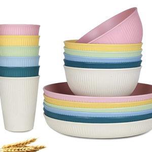 18pcs Wheat Straw Dinnerware Sets, Unbreakable dish Set Reusable Plates, Bowls, and Cups Set dishes Dishwasher Microwave Safe for Kitchen Outdoor Travel Camping (Light Macron)