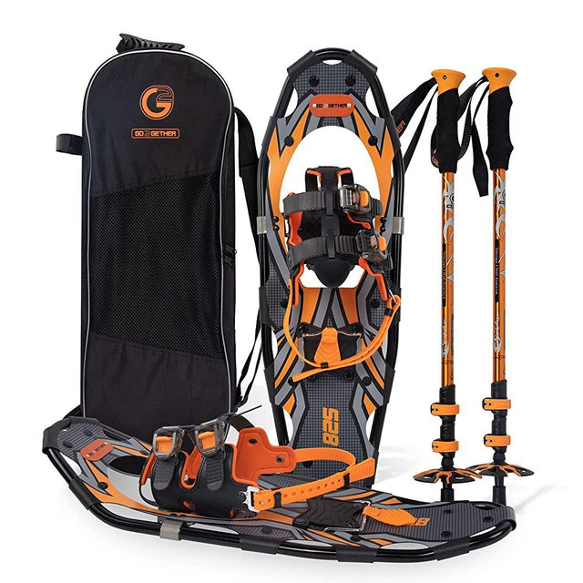 G2 21/25/30 Inches Light Weight Snowshoes for Women Men Youth, Set with Trekking Poles, Carrying Bag, Snow Baskets, Special EVA Padded Ratchet Binding, Heel Lift, Toe Box, Orange/Blue/Red Available