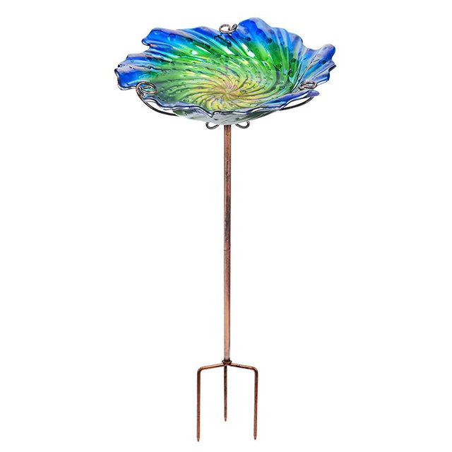 Glass Bird Bath Outdoor Birdbaths Garden Birdfeeder with Metal Stake Green(Height:26inch)