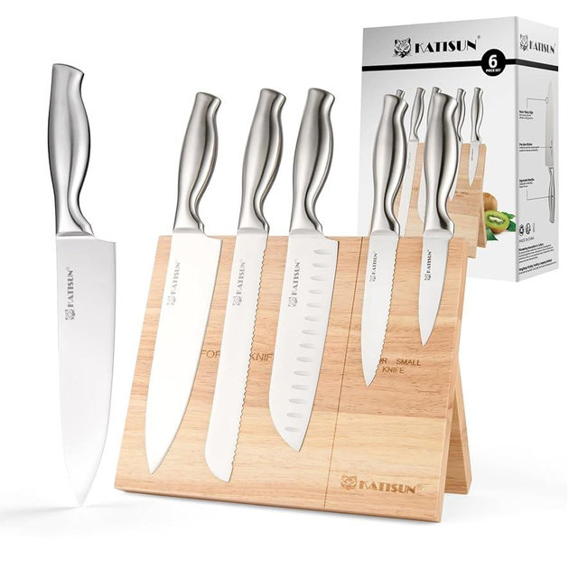 KATISUN Kitchen Knife Set, 6-Piece German Steel Knife Set with Wood Magnetic Knife Holder Block Professional Chef's Knife with Sharp Blades and Hollow Handle