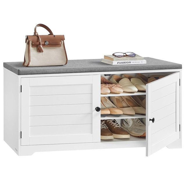 VASAGLE Shoe Storage Bench with Cushion, 3-Tier Entryway Bench with Padded Seat, Doors, Adjustable Shelves, 14 x 39.8 x 20.7 Inches, for Hallway, Bedroom, Cloud White and Dove Gray ULSB044W01