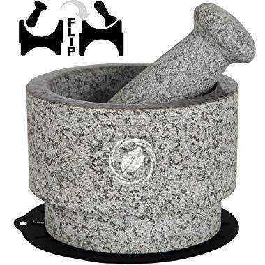 Mortar and Pestle Set - 5.5 Inch, 17 Oz - Unique Double Sided - Pestle and Mortar Bowl Solid Stone Grinder - Guacamole Mortar and Pestle Large - INCLUDED: Silicone Lid/Mat and Spoon