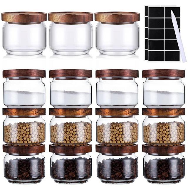 15 Pcs Glass Jars Set 8.5 oz Food Storage Containers with Airtight Acacia Lids and Stickers Glass Spice Jars Glass Canisters Set Stackable Spice Glass Containers for Spices Coffee Nut Tea Herb Sugar