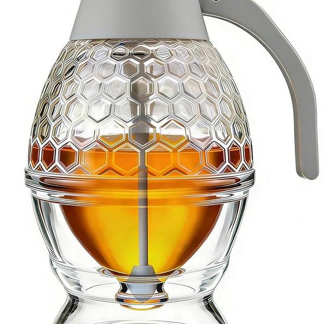 Ahhute Maple Syrup Dispenser, Glass Honey Dispenser, Honeycomb Design Maple Syrup Container for Waffle, Coffee, Pancake, No Drip Honey Dispenser with Stand, 8 oz Honey Jar, Glass Honey Pot for Gifts