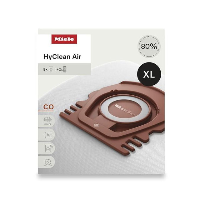 Miele HyClean Air CO Vacuum Cleaner Bags for Miele Guard M1 Vacuum Cleaners, XL Pack of 8 Vacuum Bags and 2 AirClean Exhaust Filters – 12909630