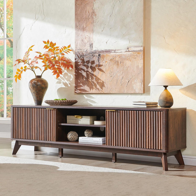Modern 70" TV Stand, Entertainment Center for TVs Up to 80", Wood Media Console with Open Storage & Side Cabinets, Dark Walnut