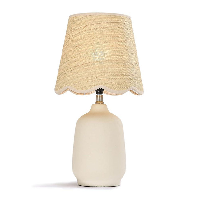 Pia Ricco 19" Modern Ceramic Table Lamp for Living Room Cream Base Desk Lamps for Bedroom Farmhouse Bedside Nightstand Lamp End Table Lamps,Beige,Rattan Shade