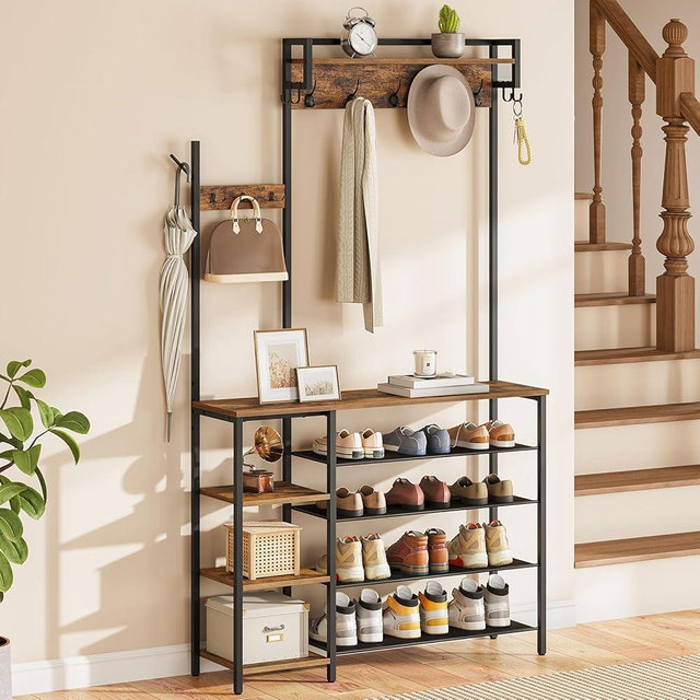 HOOBRO Hall Tree with Bench, Entryway Bench with Coat Rack, Shoe and Coat Rack for Entryway, Coat Rack with Shoe Storage and Reversible Storage Shelves, Rustic Brown BF105MT01