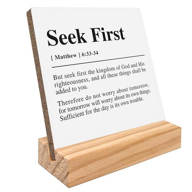 kunlisa Christian Desk Sign, Matthew 6:33 34 Seek First Bible Verse Sign, Inspirational Christian Gifts for Women Men Faith, Christian Bible Verse Decor, Christian Home Decor