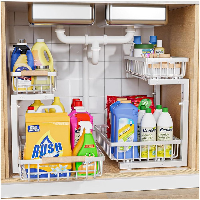 ENRUNEST Under Sink Organizer,2 Pack Under Kitchen Sink Organizer,2 Tier Sliding-Out,5 Level Height Adjustable,Thickened Carbon Steel,Anti-rust Treatment,For Kitchen Bathroom White