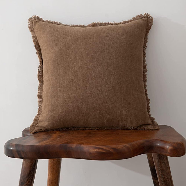 Linen Fringed Throw Pillow Cover - Soft Cozy Boho Cushion Covers with Tassel for Couch Sofa Farmhouse Natural Decor Burlap Pillowcase, Brown 18x18 inches