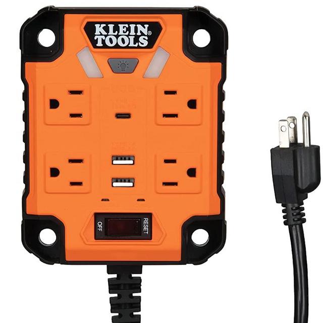 Klein Tools 29601 Magnetic Power Strip with Surge Protector, 4 Outlets, 3 USB Ports, 5-Foot Cord, Power Supply Box with Light, PowerBox 1