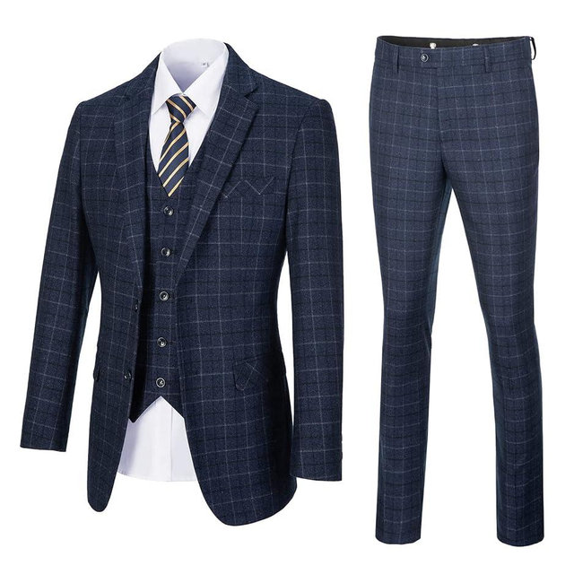 Mens Suit Plaid Slim Fit 3 Pieces Checked Casual Tuxedo Formal Suits for Men Wedding Business Party Blazer Vest Pants Set
