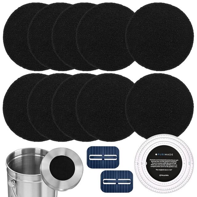 PURIMADE 10Pack 7.25 Inch Charcoal Filters for Compost Bucket with Cutting Template & Trash Can Bag Holder Clip, Universal Size Compost Bin Filter, Compost Filters for Countertop Bin