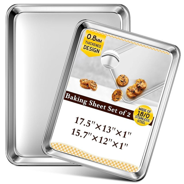 Baking Sheet Set of 2, Commercial Grade Stainless Steel Cookie Sheets for Baking, 17.5''x13'' / 15.7''x12'', Thicker and Firmer Baking Pans Set, Rust & Warp Resistant & Nonstick, Nontoxic & Heavy Duty