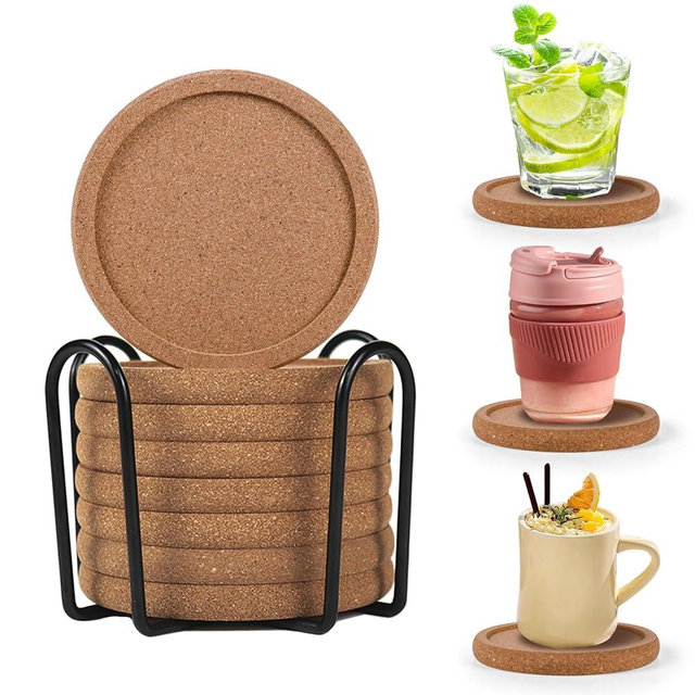 Cork Coasters for Drinks Set of 8 with Holder, Absorbent Round Coasters with Lip, Heat Resistant and Table Protective, 4'' Diameter Suitable for Most Cups, Perfect for Home & Office, Housewarming Gift