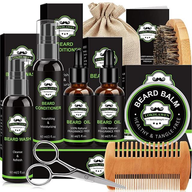 Beard Kit for Men- Beard Grooming Kit with Beard Wash, Beard Conditioner, Beard Oil, Beard Balm, Beard Brush, Beard Comb, Beard Scissors, Storage Bag, E-Book, Gifts for Men Dad Husband Boyfriend