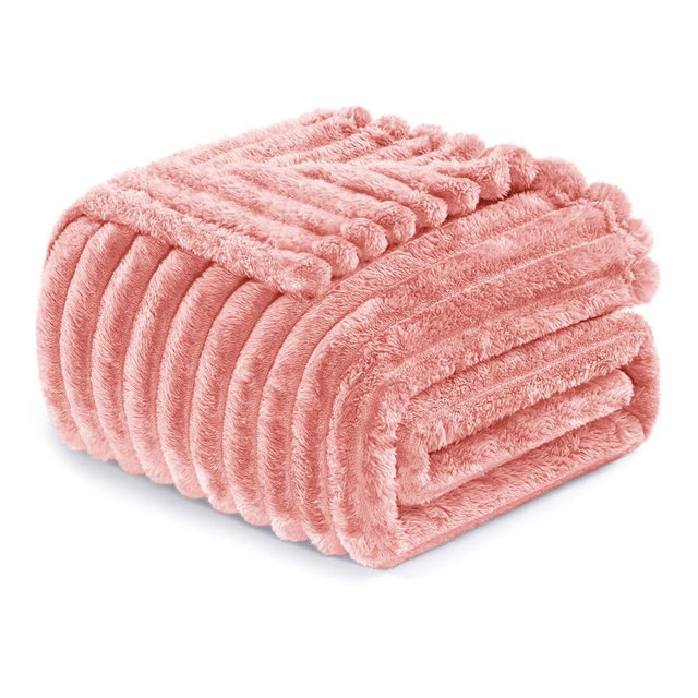 Exclusivo Mezcla Fleece Throw Blanket for Couch, Super Soft Striped Jacquard Bed Blanket, Lightweight Fuzzy Cozy for All Seasons, 50x60 Inches, Pink