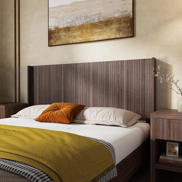 JINDOLI Wood Queen Headboard Only, Wooden Boho Farmhouse Fluted Headboard Queen Size, Wall Mounted Natural Walnut with Wingbacks for Bedroom
