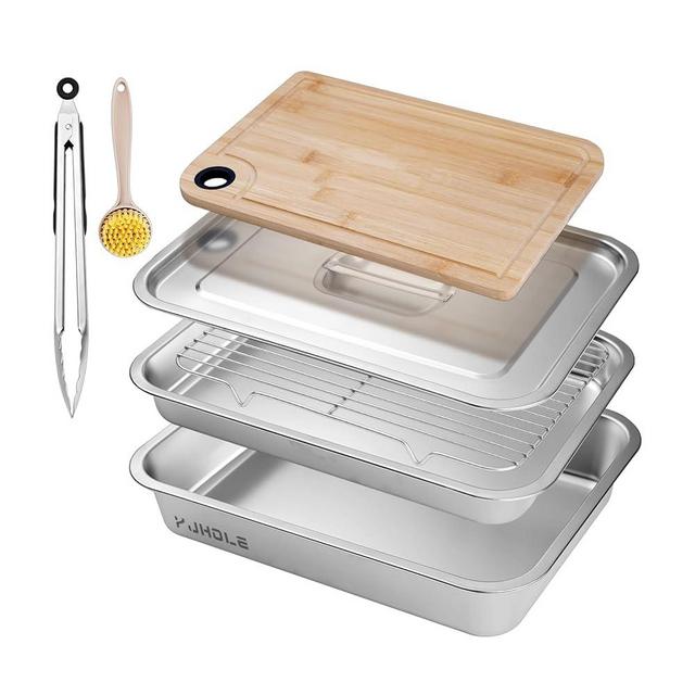 YJHOLE Grilling Prep and Serve Trays,Stainless Steel Large Capacity Food Prep Trays with Lid, Cutting Board Cooling Rack Food Tongs and Cleaning Brush,BBQ Accessories Gift