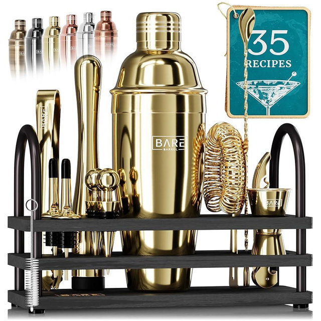 BARE BARREL® Mixology Bartender Kit Bar Set | 14-Piece Cocktail Shaker Set | Martini Barware Mixing Tools for Home Bartending | Incl. 35 Recipe Cards | Gift Set (24oz Cobbler Shaker, Gold)
