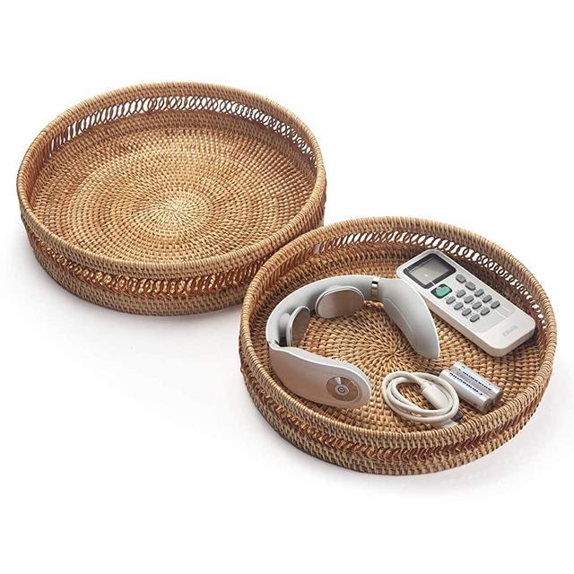 DOKOT Round Woven Rattan Tray, Decorative Centerpiece Fruit Basket for Coffee Table and Kitchen Island Home Decoration (Set of 2)