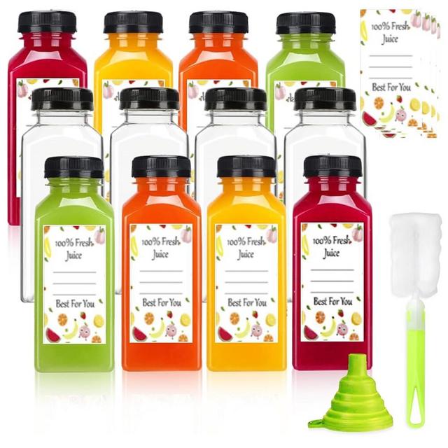 ztarraum 12pcs 12oz Plastic Juice Bottles, Reusable Juice Containers with Black Tamper Proof Lids, Brush, Funnel and Labels, Clear Juice Containers for Juicing, Smoothie and Homemade Beverages