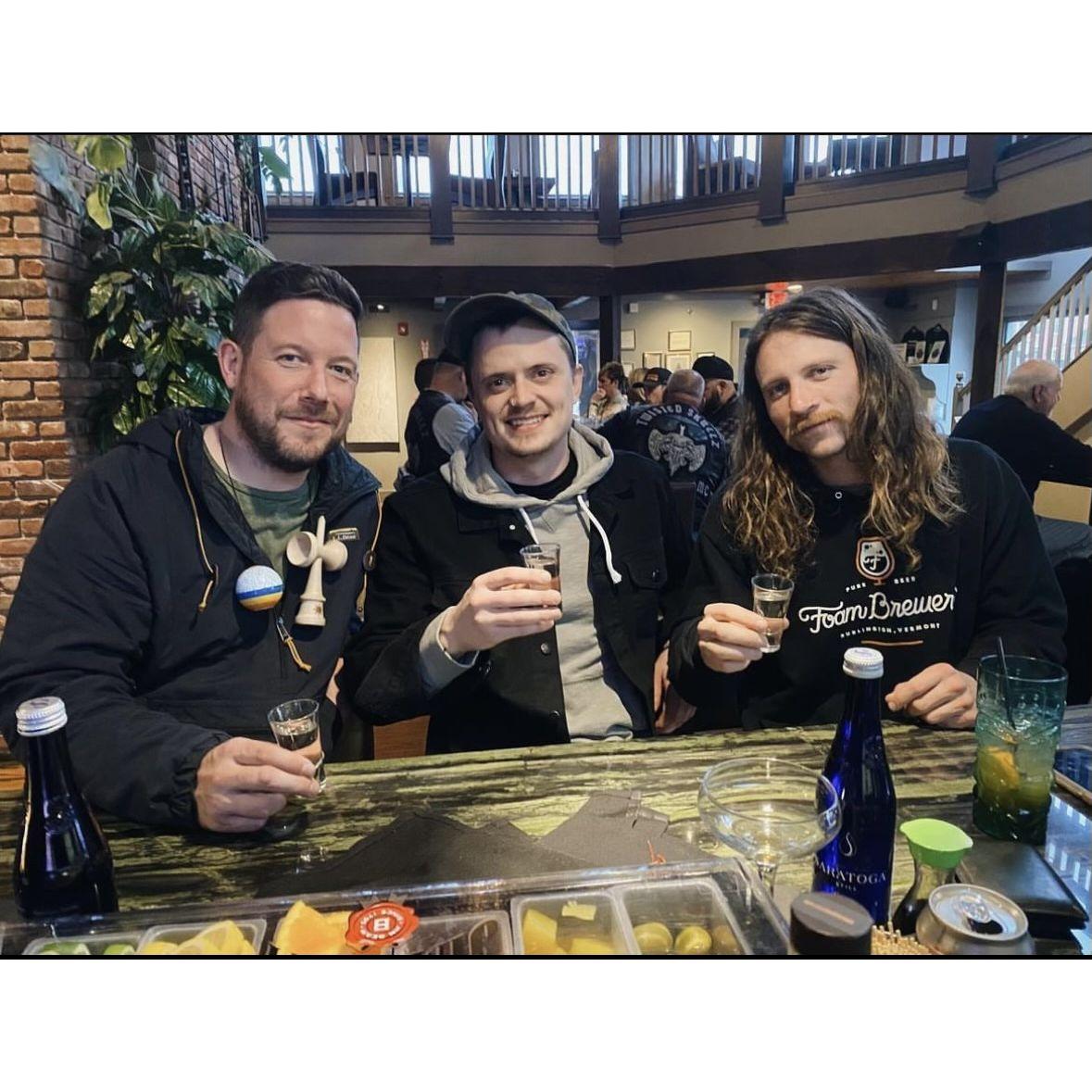 Mark, Brendan, and Matty reunited with a cheers!