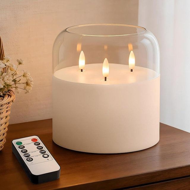 Velsyn 3 Wick Glass Flameless Candle with Remote and Timer, 6"x6" Extra Large Real Wax LED Pillar Candle Battery Operated with 3D Flickering Flame for Festival Wedding Home Party Decor (Clear)