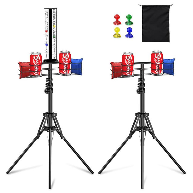 Lokuc Cornhole Scoreboard with Drink Holder, Height Adjustable Foldable Cornhole Score Keeper with Storage Rack Includes 4 Magnets, 1 Storage Bag, Suitable for Outdoor Yard Games