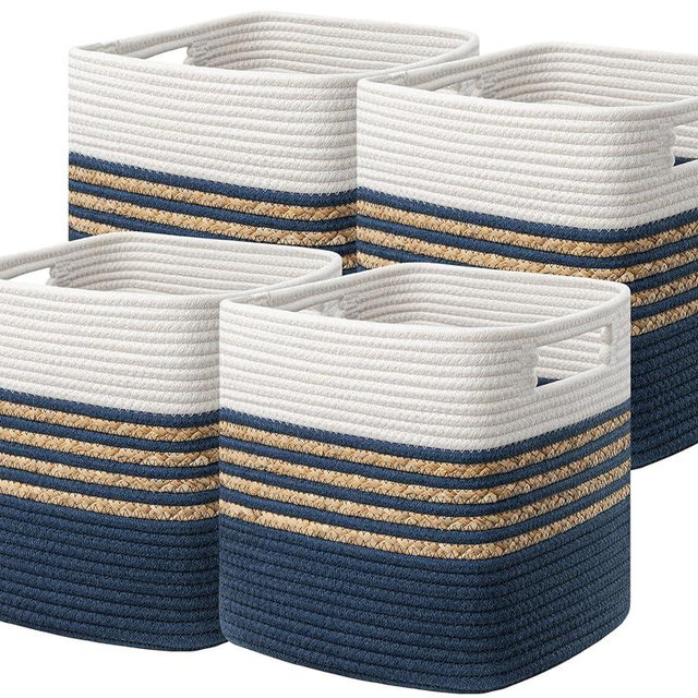 UBBCARE Set of 4 Storage Cubes 11 X 10.5 X 10.5 in, Water Hyacinth Storage Bins for Shelves, Toys, Books, Organizing Baskets with Handles, Cotton Rope Woven Baskets, Blue