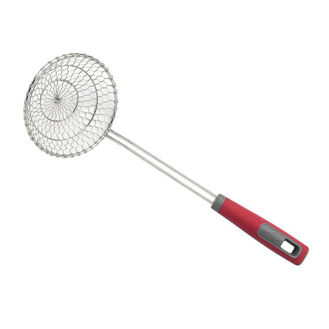 Tasty Stainless Steel Round Wire Skimmer, Comfort Grip Handle for Safe Scooping, Skimming and Serving, 5" Diameter, Red