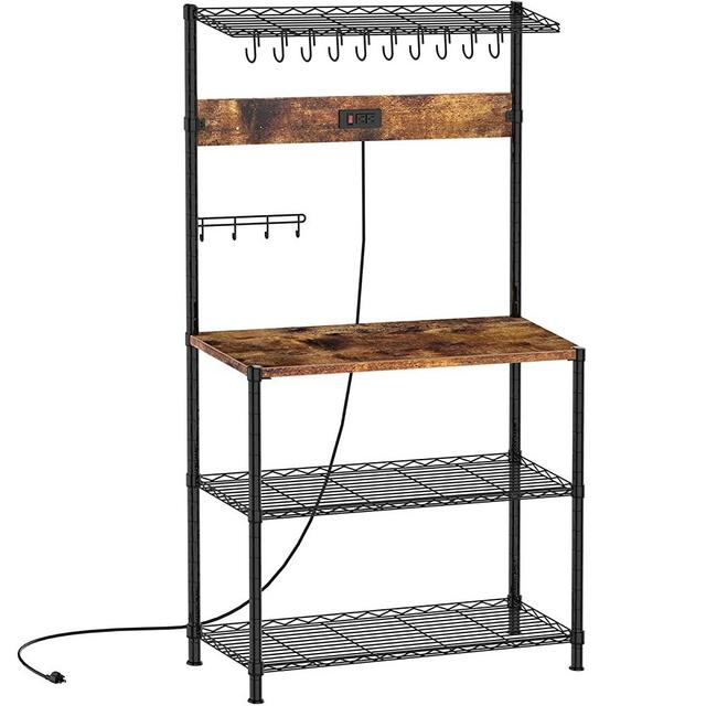 SUPERJARE Bakers Rack with Power Outlets - Height Adjustable Microwave Stand, 4-tier Kitchen Storage Rack with 10 S-shaped Hooks, 360° Hanging Strip, Coffee Bar Station - Rustic Brown