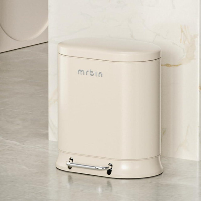 MRBIN Metal Bathroom Trash Can with Lid, 20L / 5.3gal Commercial Step Waste Basket for Kitchen, Medium Toilet Garbage Pail with Stainless Steel Foot Pedal for Near Desk, Restroom, Rv, Vanity, White