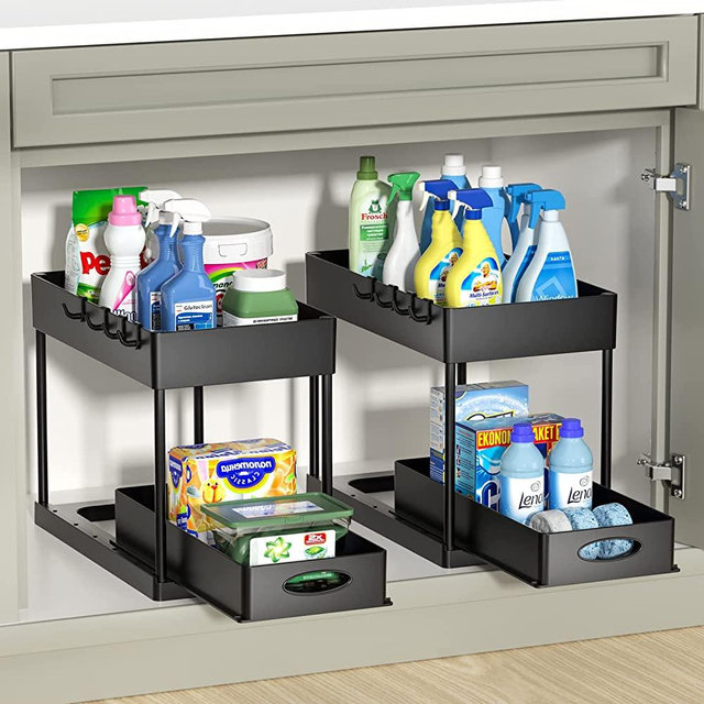 Appolab 2 Pack Under Sink Organizer, 2-Tier Sliding Cabinet Basket Organizer Drawers, Under Sink Organizers and Storage Bathroom Kitchen Cabinet Organizer with Hooks The Bottom Drawers Can Be Slid Out