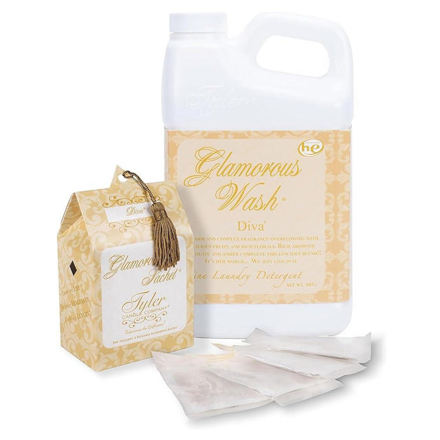 Elanze Designs Tyler Candle DIVA - Glam Wash - 64 Ounce Liquid Laundry Detergent and Scented Sachet Bundle