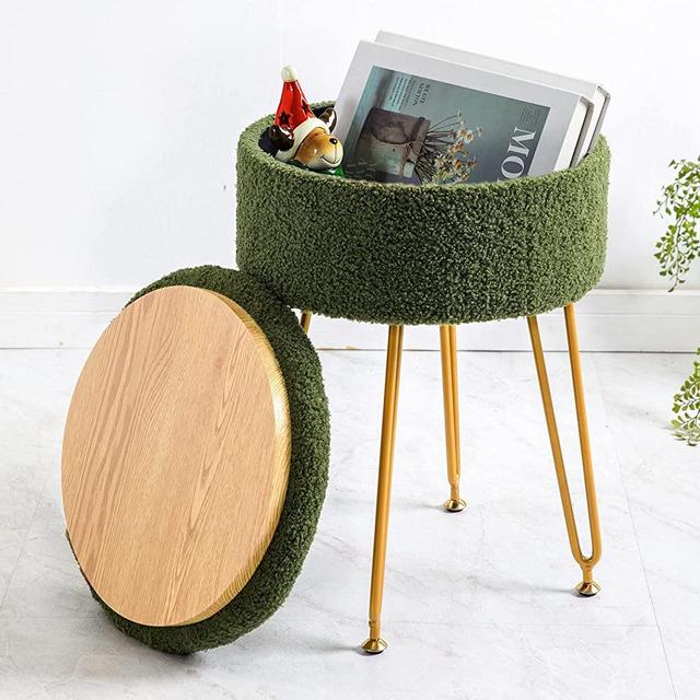 Round Vanity Stool Chair, Green Vanity Chair Stool for Makeup Room, 18” High, Faux Teddy Fur , Stool for Vanity with Gold Legs, Makeup Storage Stool for Bedroom, Modern Vanity Stool with Storage