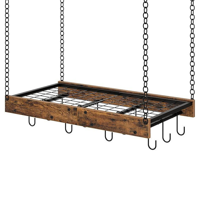 CHOEZON Hanging Pot Rack, Vintage Pot Hangers for Kitchen, Ceiling Mounted Pot Rack, Pot and Pan Hanging Rack with 12 S-Shaped Hooks, for Cookware Storage, Rustic Brown and Black TPR01BF