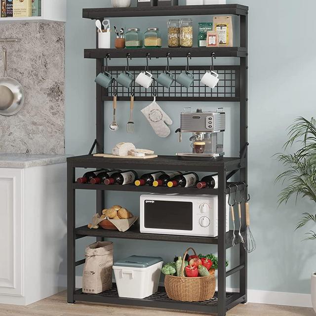Itaar 6-Tier Baker's Racks, Coffee Bar, Industrial Microwave Stand with Wine Rack and 12 Hooks, Bakers Racks for Kitchens with Storage, Black