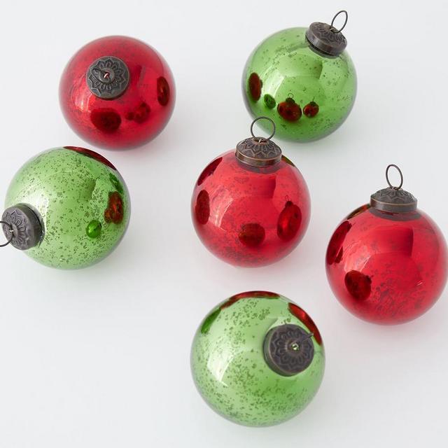 Mercury Glass Red & Green Ball Ornaments - Set of 6