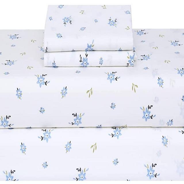 RUVANTI 100% Cotton Sheets - Soft & Breathable Queen Sheet Set - Deep Pocket Queen Size Sheets - Crispy Percale Sheets - Blue Floral Queen Sheets – Moisture Wicking Bed Sheets - 4 Pieces
